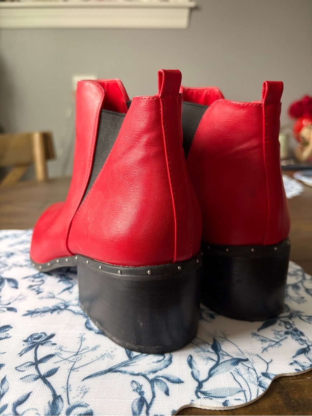 Red Women's Leather Ankle Boots - Sleek Stud Trim - Picture 2 of 5
